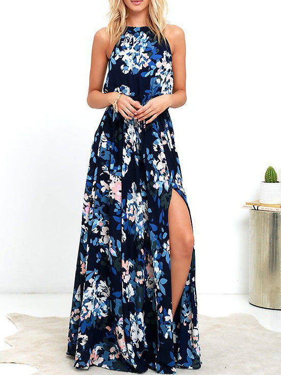 Fashion Sleeveless O-Neck Printed Split Maxi Dress