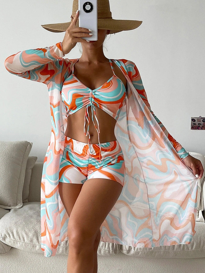 Three Piece Drawstring Printed Bikini High Waisted Short and Long Sleeve Cover Up Swimwear Set