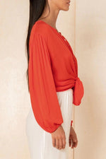 Buttons Design Lace-up Red Blouse