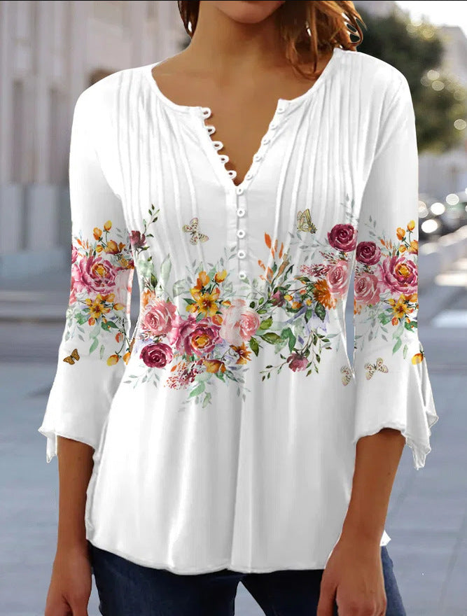 V-Neck Floral Print 3/4 Sleeve Loose Blouse Top