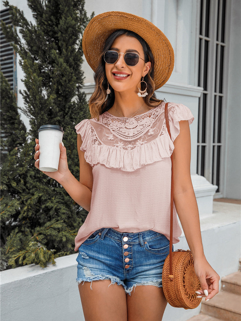 Casual Round Lace Neck Sleeveless Top