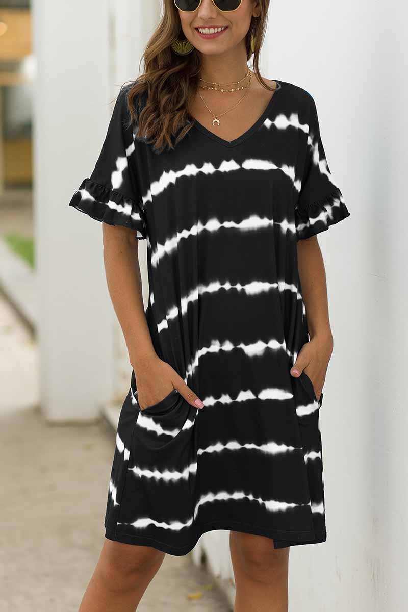 Florcoo Striped Tie-dye Casual Loose Dress With Pocket