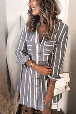 Florcoo Striped Stitching High Waist Pocket Shirt Mini Dress