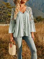 Loose Button Down Lace Sleeve V Neck Blouse Top