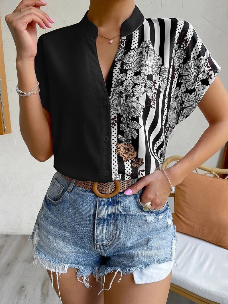 Fashion V-Neck Printed Short Sleeve Buttoned Shirt