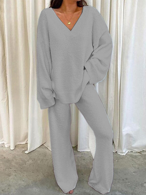 Two Piece Loose Long Sleeve V-Neck Top and  Pant Set