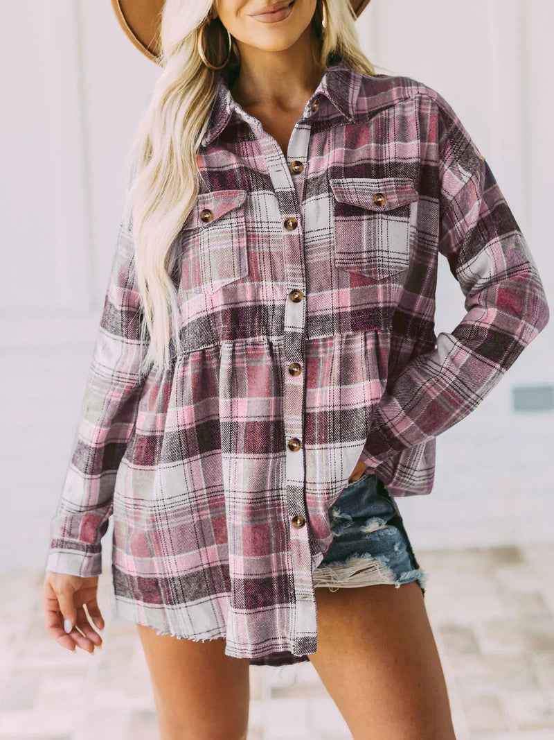 Casual Collar Long Sleeve Button Plaid Shirt Blouse