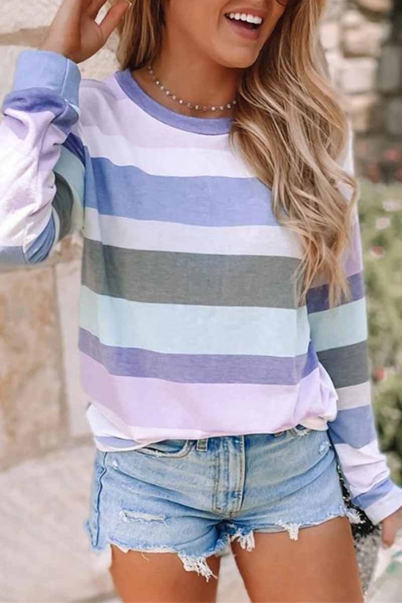 Florcoo Striped Long Sleeve Printed Crew Neck Tops