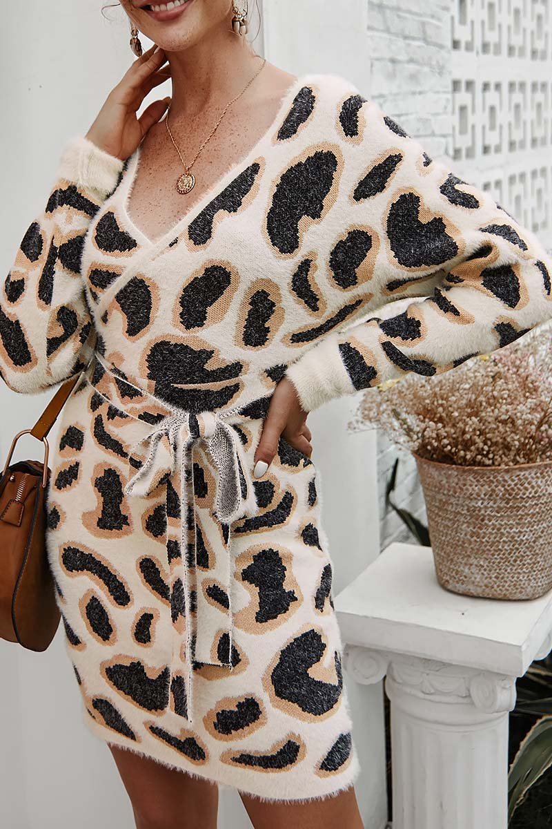 A-line Lace Up Winter Leopard Mini Dress