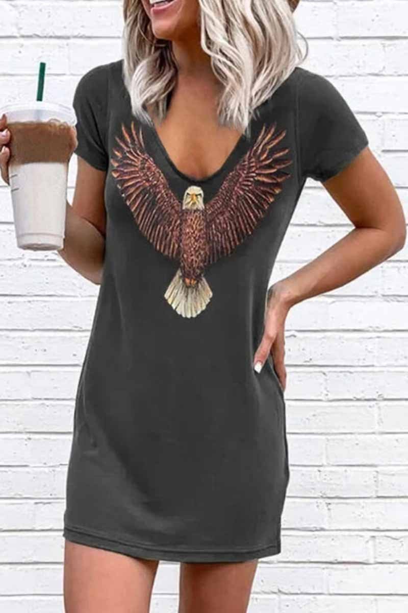 Florcoo Loose V-Neck Eagle Print Short Sleeves Mini Dress