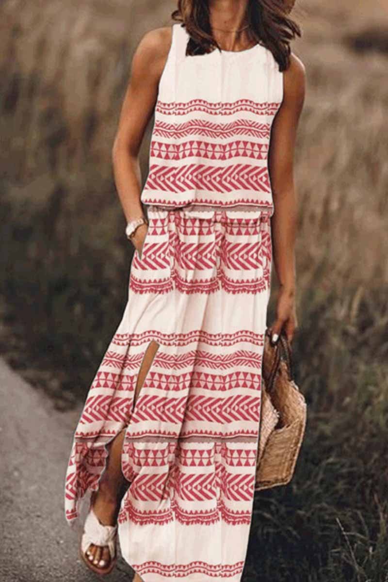 Florcoo Printed Striped Maxi Dress With Pocket
