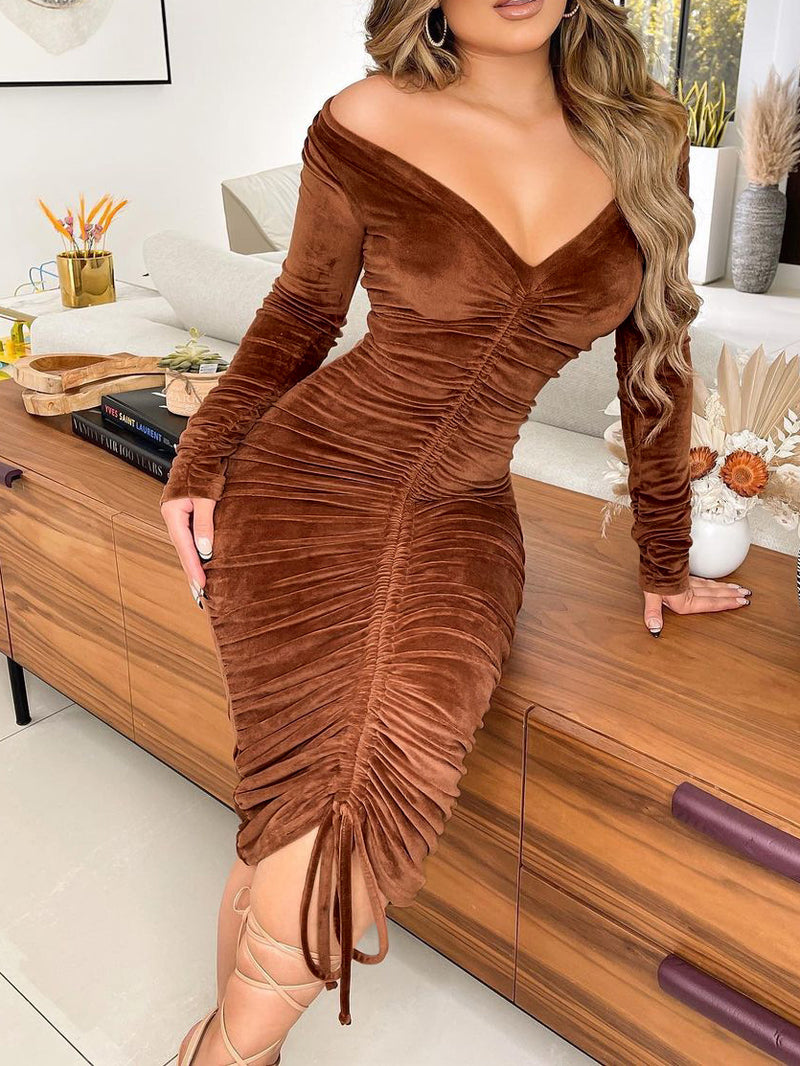 Deep V-Neck Drawstring Ruched Velvet Bodycon Midi Dress