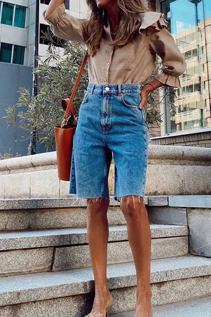 Florcoo Summer Loose Casual Button Fringed Denim Pants