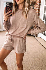 Florcoo Two-Piece Solid Color Long-Sleeved Loose Casual Home Wear