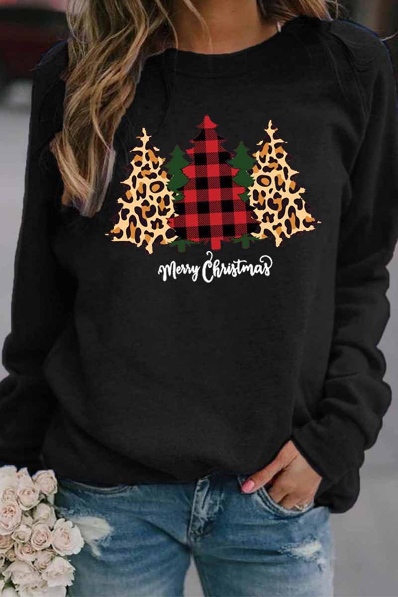 Casual Round Neck Christmas Tree Print Tops