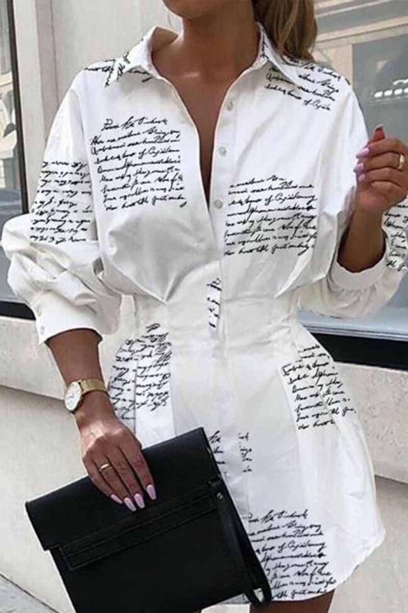 Florcoo Slim Waist Letter Print Long Sleeve Dress