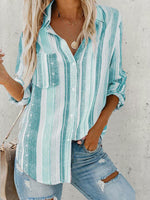 Casual V-Neck Long Sleeve Buttoned Striped Shirt