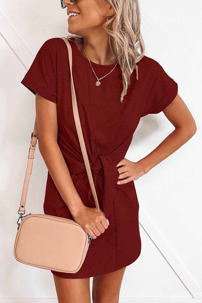 Florcoo Loose Tie Solid Color Short Sleeves Mini Dress