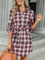 Fashion Long Sleeve Check Tartan Waistband Mini Shirt Dress