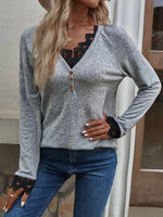 Button Up Long Sleeve V Lace Neck Pullor Top