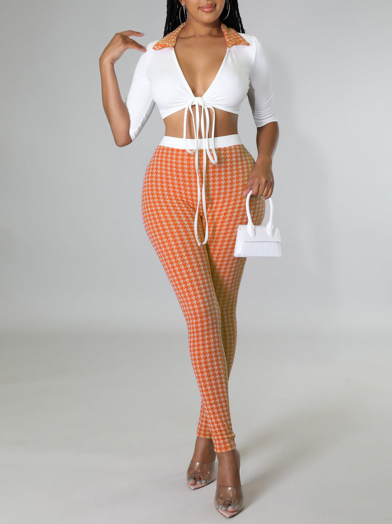 Two Pieces Deep V-Neck Crop Top Tigh High Waist Pant Set