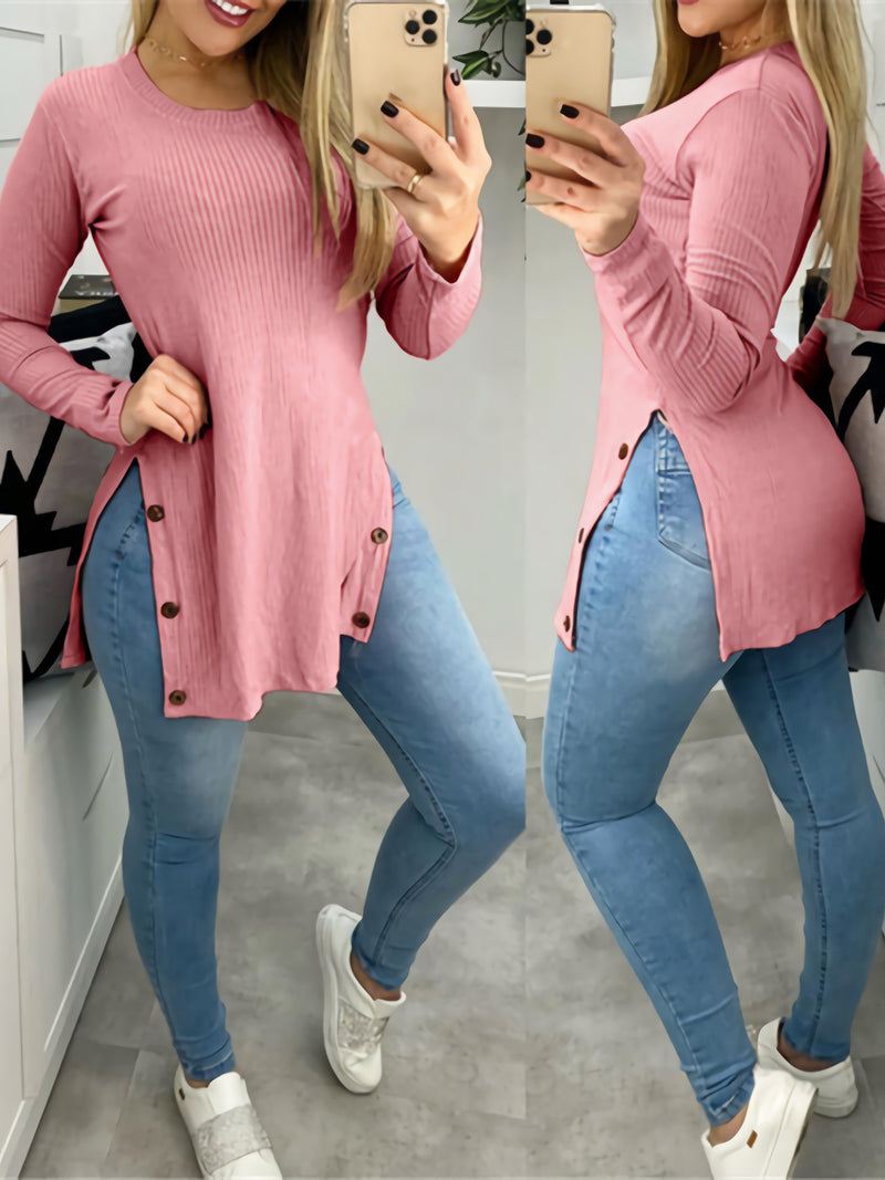 Casual Long Sleeve O-Neck Side Slit Blouse Top