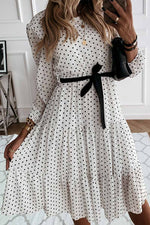 Elegant White Black Dot Print Round Neck Tie Midi Dress