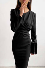 Fashion Long Sleeve Waist Midi Dress(4 Colors)