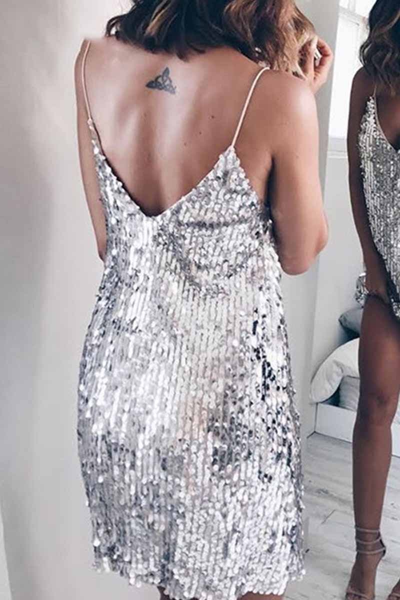 Florcoo Sexy Sequined V-Neck Mini Dresses