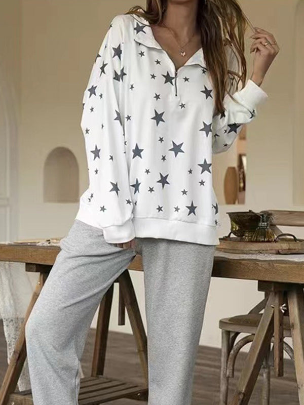 Fashion Turn-Down Collar Star Printed Long Sleeve Loose Blouse Top