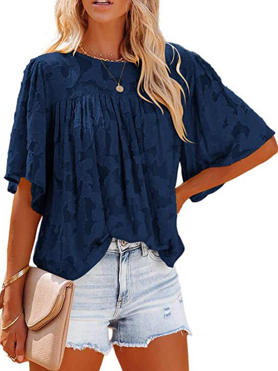 Casual Loose Round Neck Short Sleeve Blouse Top