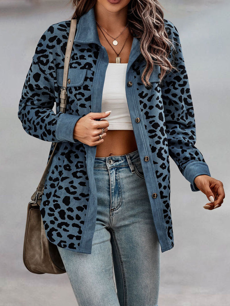 Fashion Leopard Print Turn Down Collar Button Shirt Jacket