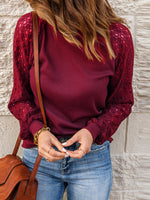 Elegant O-Neck Long Sleeve Solid Color Lace Top Blouse