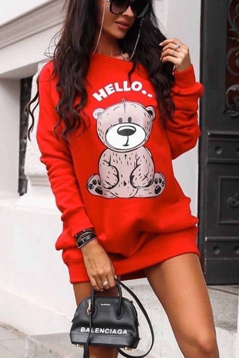 Bear Print Long Sleeve Sweatshirt Dress
