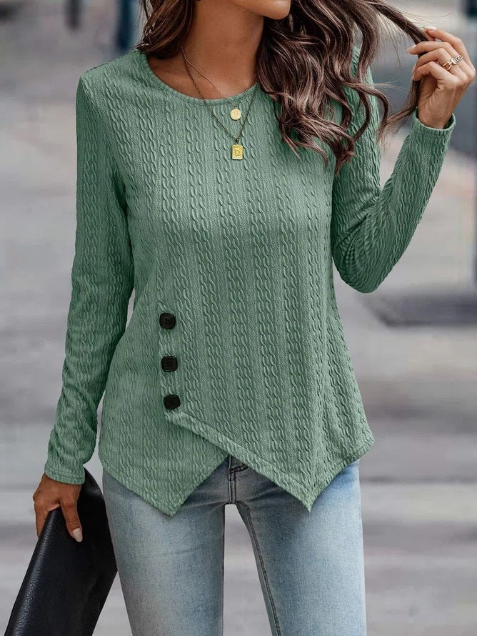 Casual Long Sleeve O-Neck Button Side Blouse Top