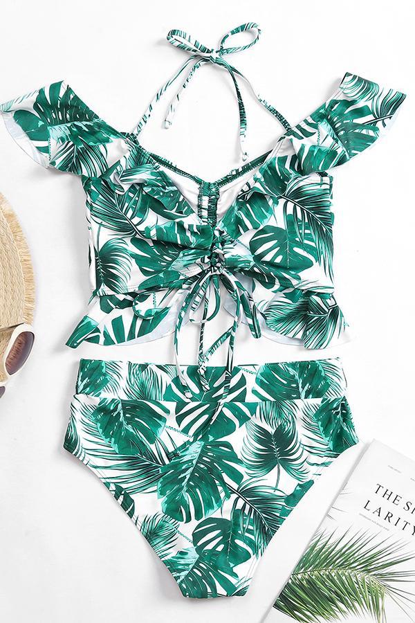 Plant-print Ruffled Holiday Bikini