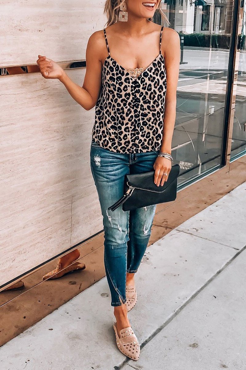 Florcoo V Neck Leopard Printed Brown Tank Top