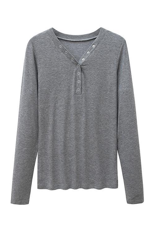 Button V Neck Long Sleeve T Shirt