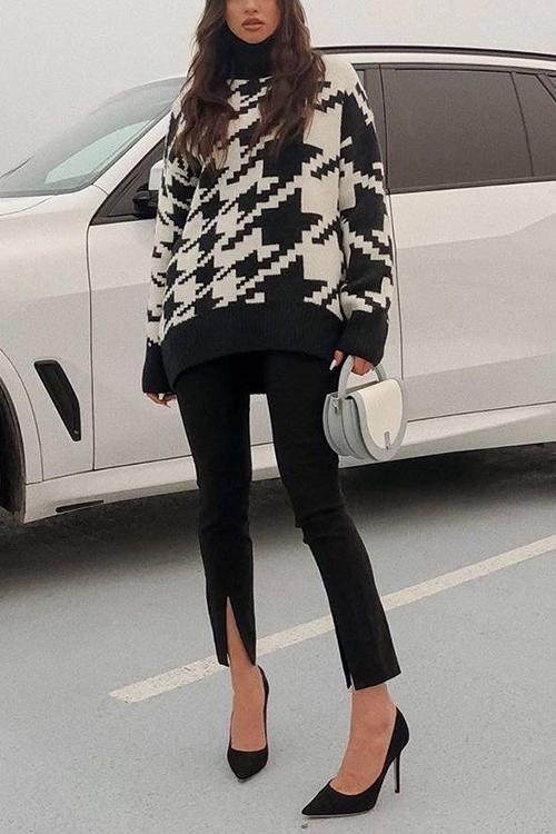 Houndstooth High Collar Sweater