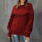 Florcoo Round Neck Loose Tassel Twist Solid Color Sweater