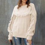 Florcoo Round Neck Loose Tassel Twist Solid Color Sweater
