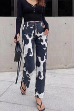 Cow Print Button Straight Leg Jeans