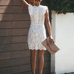 Solid Color Cap Sleeve Round Neck Lace Mini Dress