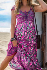 Tassel V Neck Bohemia Printed Maxi Beach Dress
