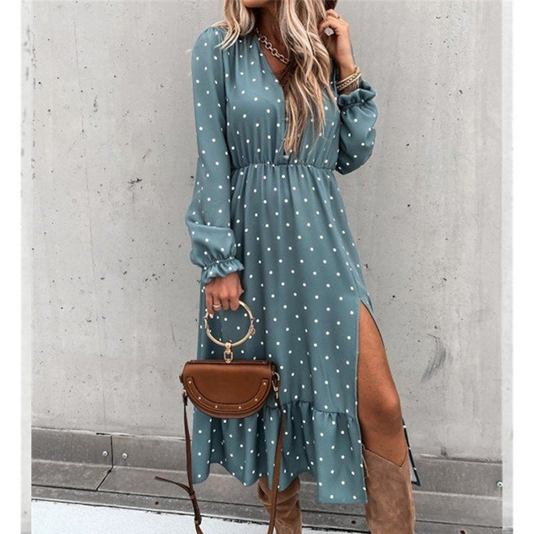 Fashion Button Polka Dot High Slit Ruffled Midi Dress