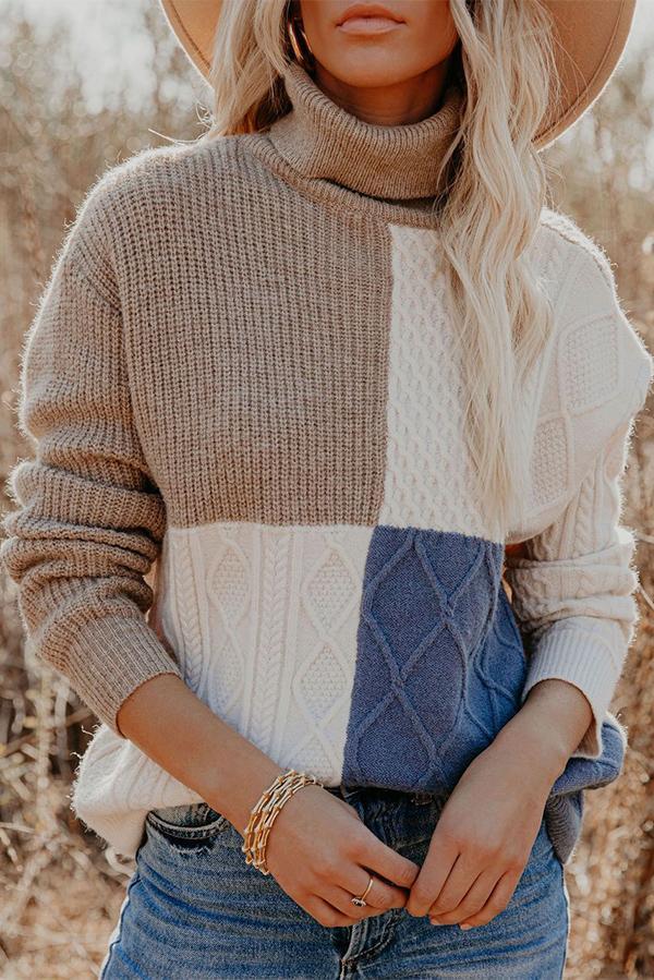 Color Block Turtleneck Loose Sweater