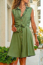 Solid Tie Waist Sleeveless A-line Shirt Dress