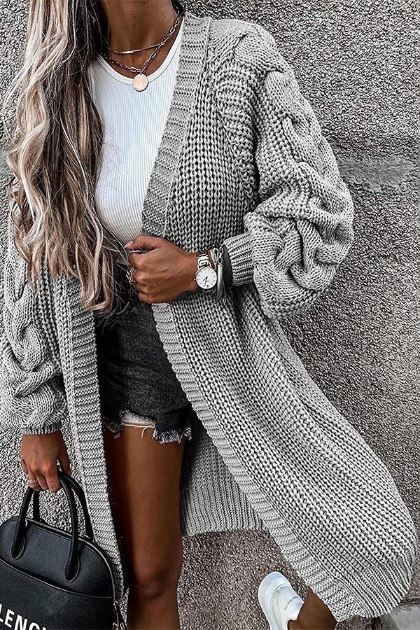 Solid Color Long Lantern Sleeve Knitted Twist Cardigan