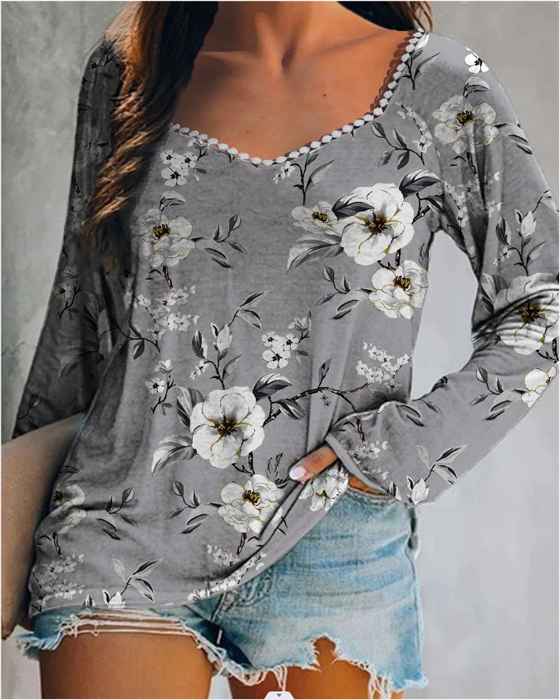 Casual Loose Neck Floral Long Sleeves Women Top
