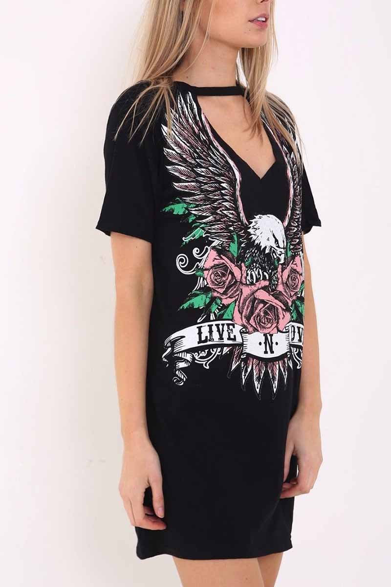 Florcoo Women's Choker Cutout V-Neck Eagle Printed Short Sleeve Mini T-Shirt Dress